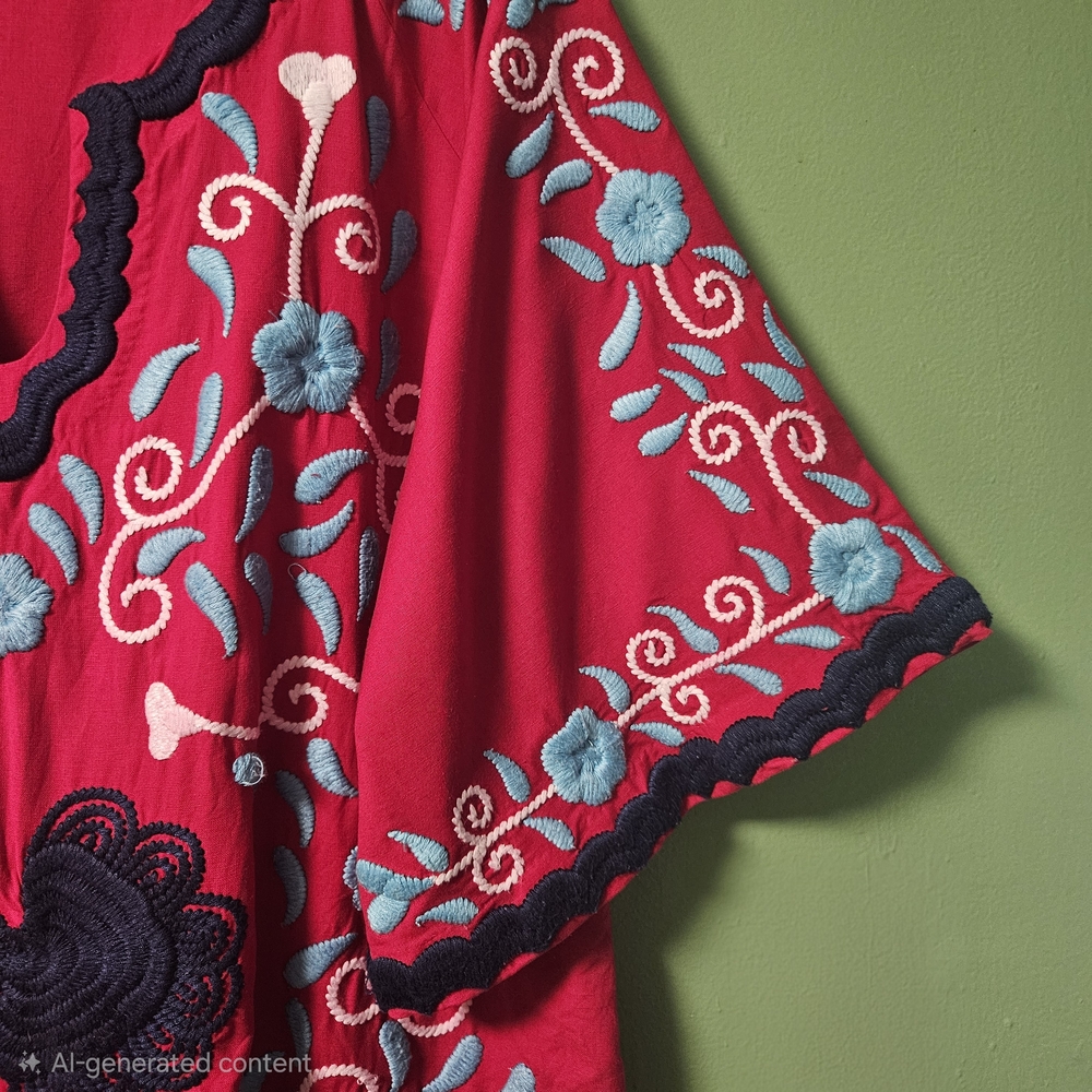 Frances Valentine Embroidered Peacock Caftan Red & Blues Maxi Dress - Picture 4 of 16